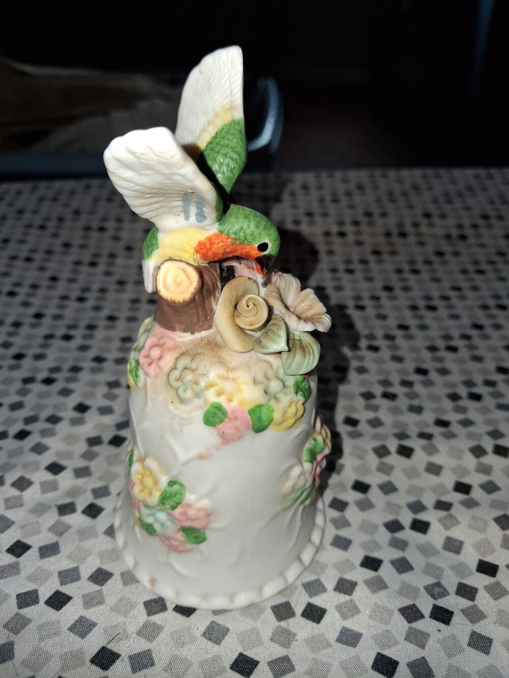 Vintage Bisque Porcelain Hummingbird Bell Figurine Flowers